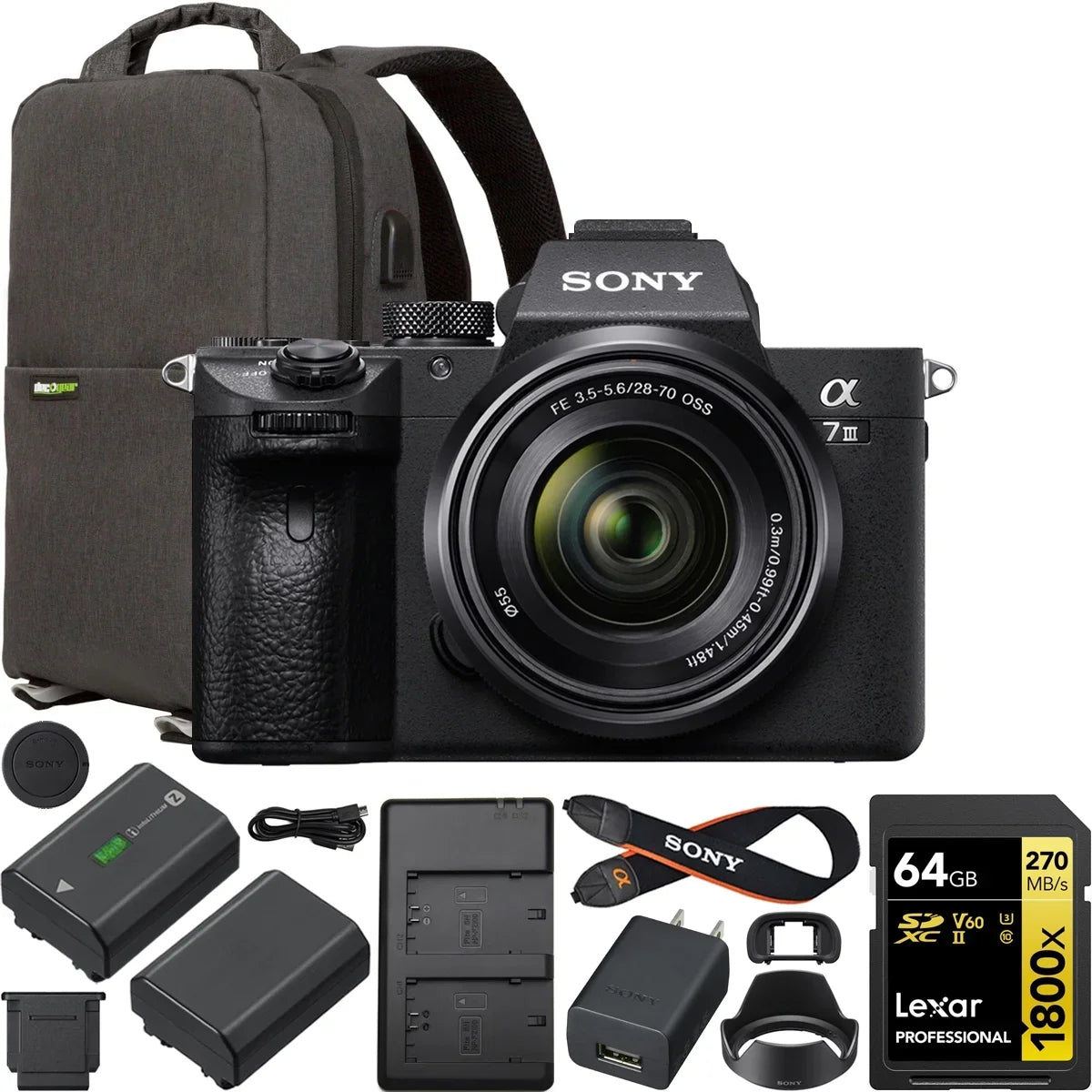 a7 III Mirrorless Full Frame Camera Body with 28-70mm F3.5-5.6 OSS Lens ILCE-7M3K/B Double Battery Content Creator Bundle with Deco Gear Photography Backpack + 64GB Card + External Charger Kit