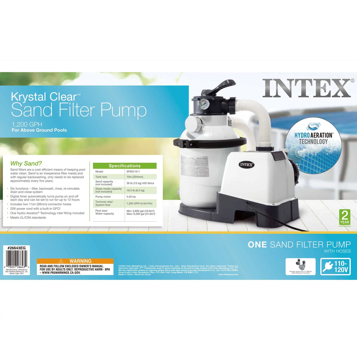 Intex10 inch Krystal Clear Sand Filter Pool Pump, 1500 Gph Motor 1200 GPH System Flow Rate with GFCI, 110-120 V