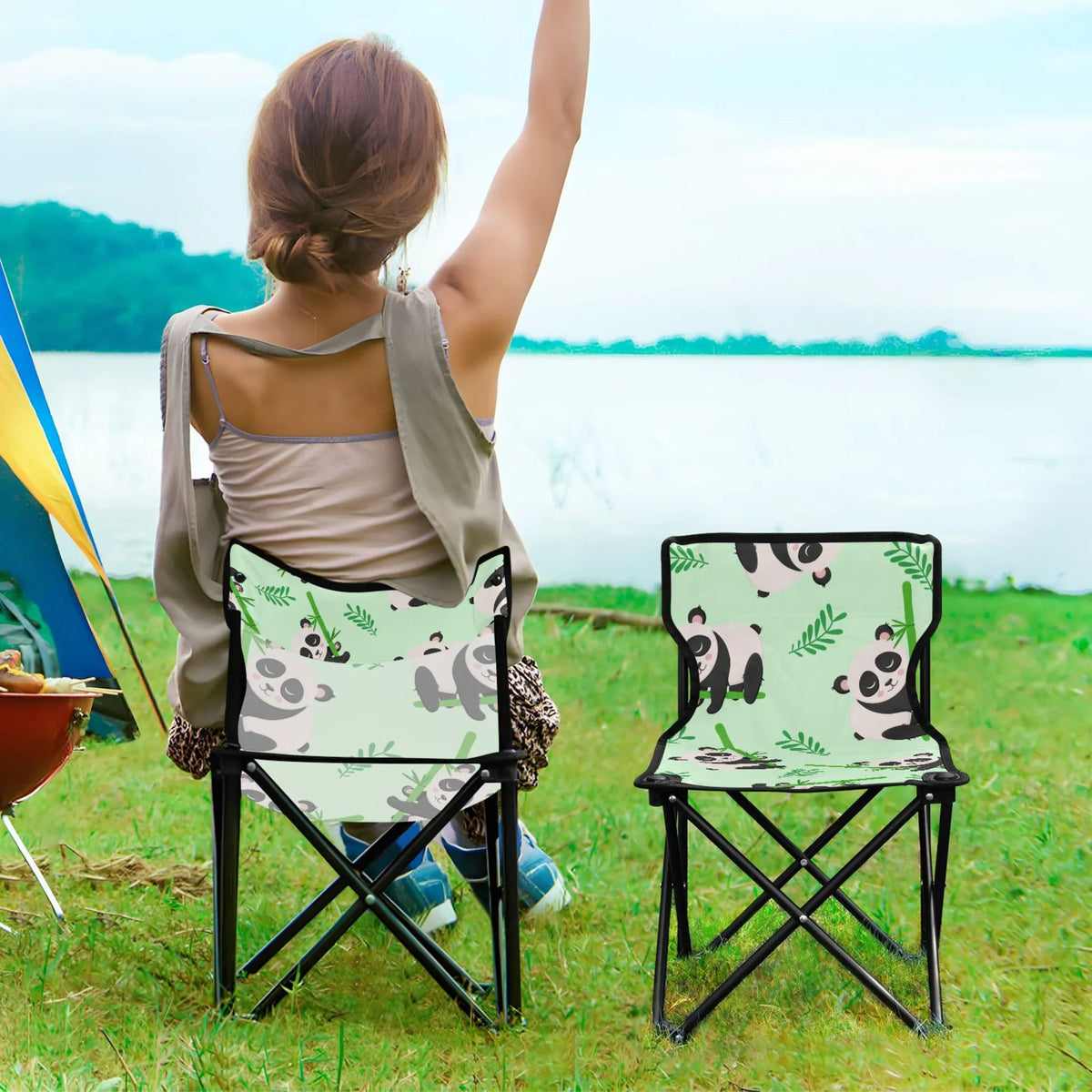 Cartoon Panda and Bamboos Portable Camping Chair Outdoor Folding Beach Chair Fishing Chair Lawn Chair with Carry Bag Support to 220LBS