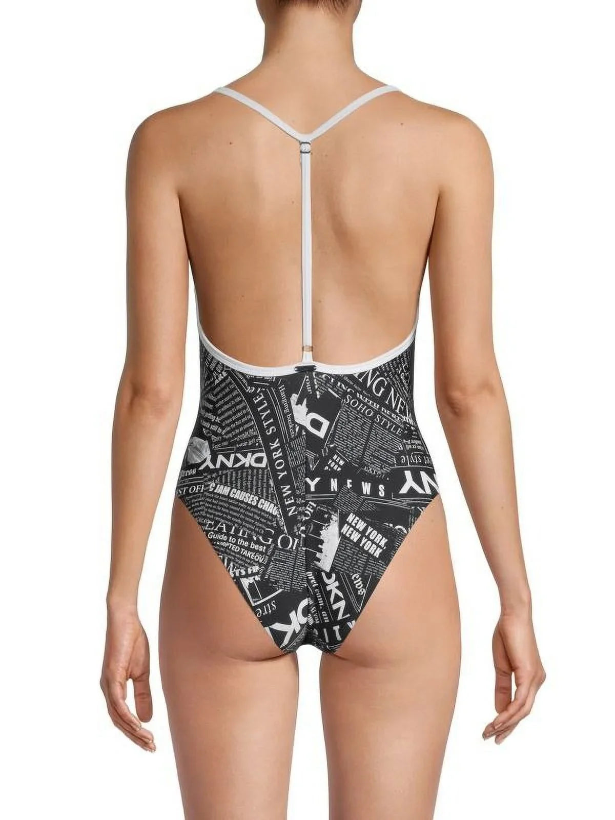 DKNY BLACK WHITE Graphic T-Back One-Piece Swimsuit, US Small