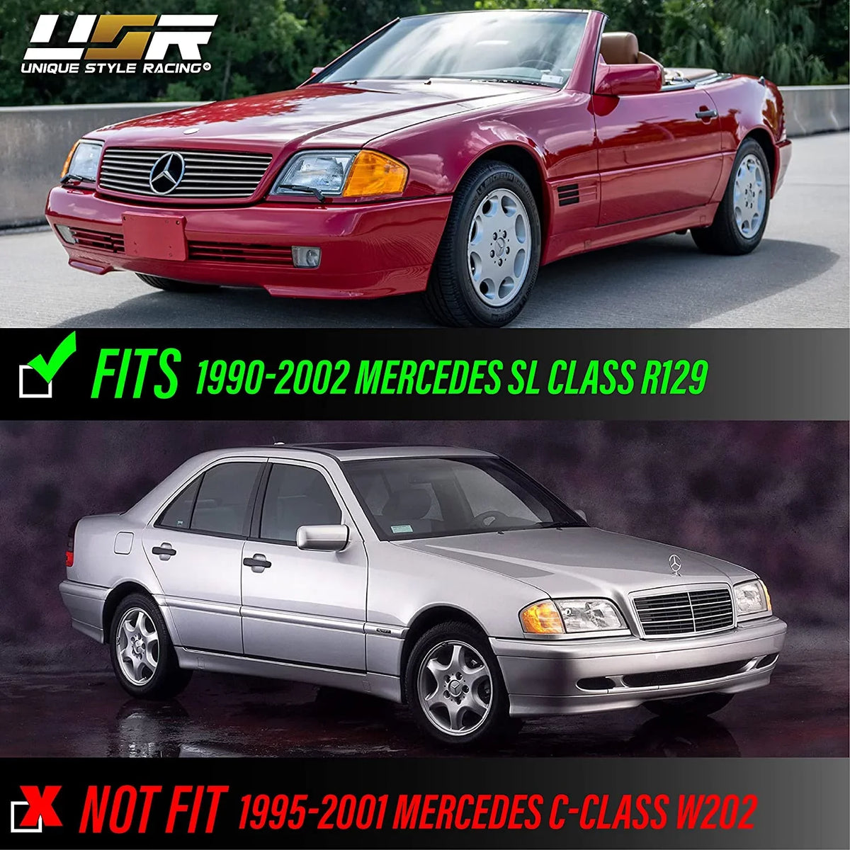 USR MBZ R129 Corner Lights - Replacement Amber / Clear Frost Lens Front Turn Signal Lamps Set (Left + Right) Compatible with 1990-2002 Mercedes Benz R129 Chassis SL Class Roadster
