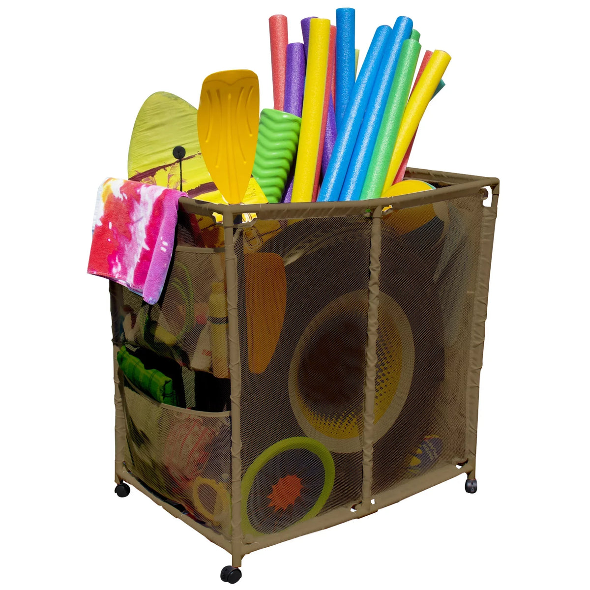 Essentially Yours Pool Floats, Balls, Toys and Equipment Rolling Mesh Organizer Storage Bin, Large, (35" W x 25.4" L x 37.5" H), (Brown), Style 455102