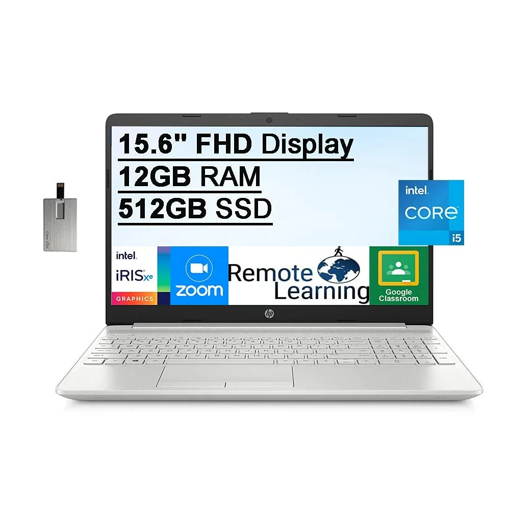 2021 15.6" FHD Portable computer Computer, 11th Gen Core i5-1135G7(Beats i7-1065g7), 12GB DDR4 RAM, 512GB PCIe SSD, Iris Xe Graphics, HD Webcam, Stereo Speakers, Windows 10, Silver, 32GB USB Card
