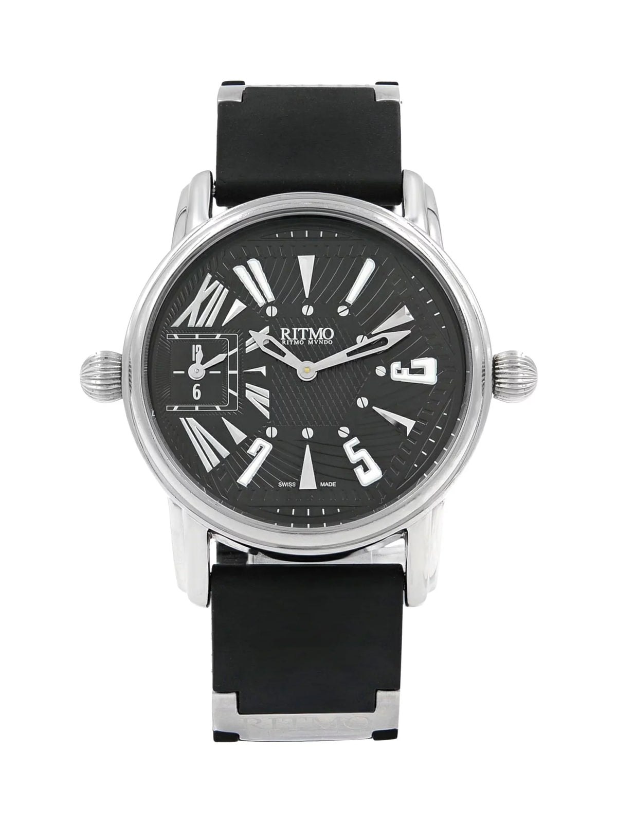 Pre-Owned Ritmo Mundo Black Forum Divina Dual Time Steel Rubber Swiss Quartz Watch 121 (Good)