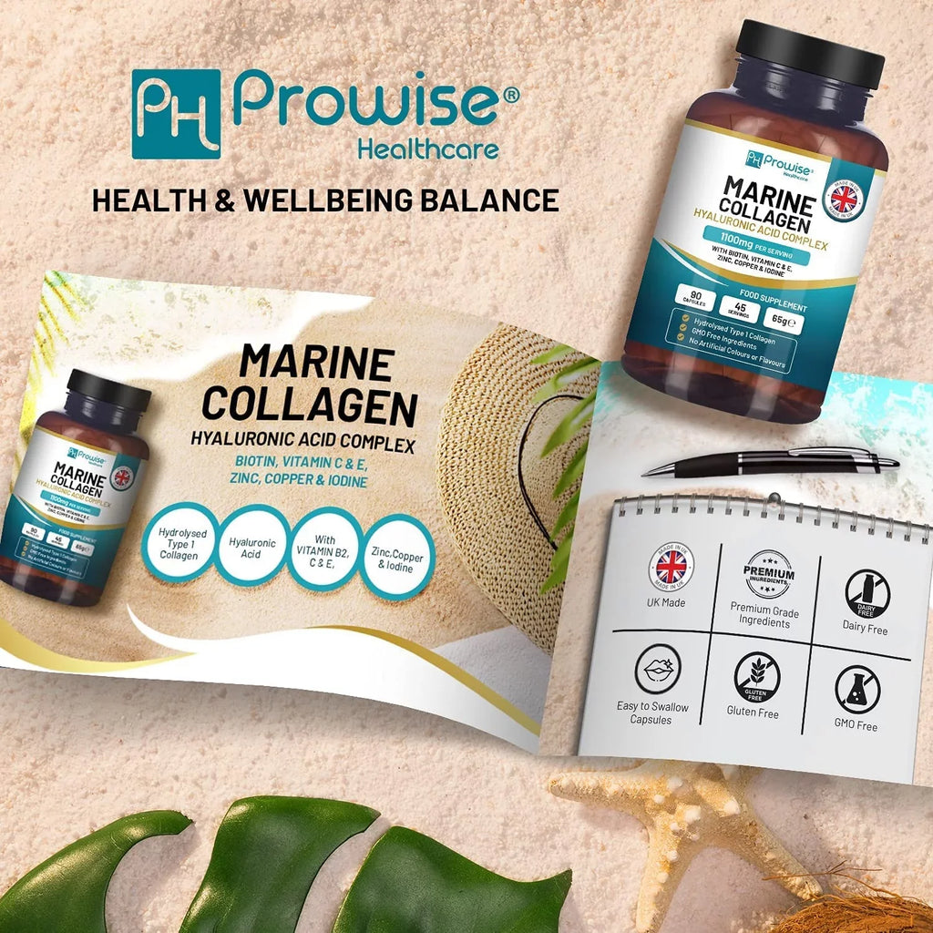 Marine Collagen with Hyaluronic Acid 1100mg - 90 Capsules Boosted with Hyaluronic Acid, Vitamins C, E, B2, Biotin, Metal Zinc and Iodine | for Women and Men | Made in The UK by Prowise Healthcare