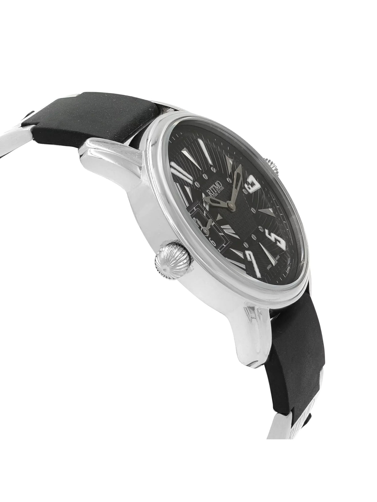 Pre-Owned Ritmo Mundo Black Forum Divina Dual Time Steel Rubber Swiss Quartz Watch 121 (Good)