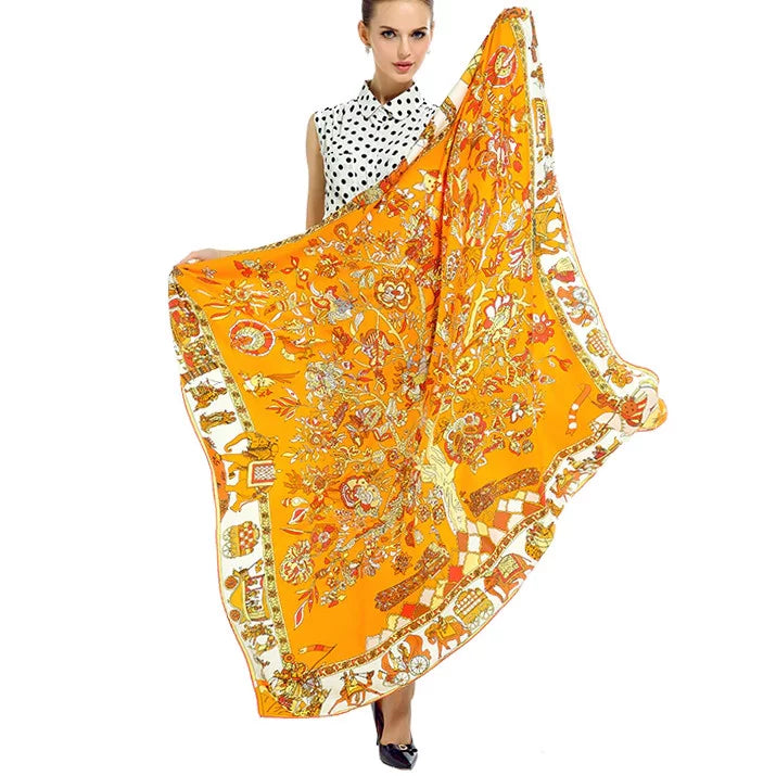 Orange Square Shawl Silk Feeling Polyester Scarfs Cotton For Womens