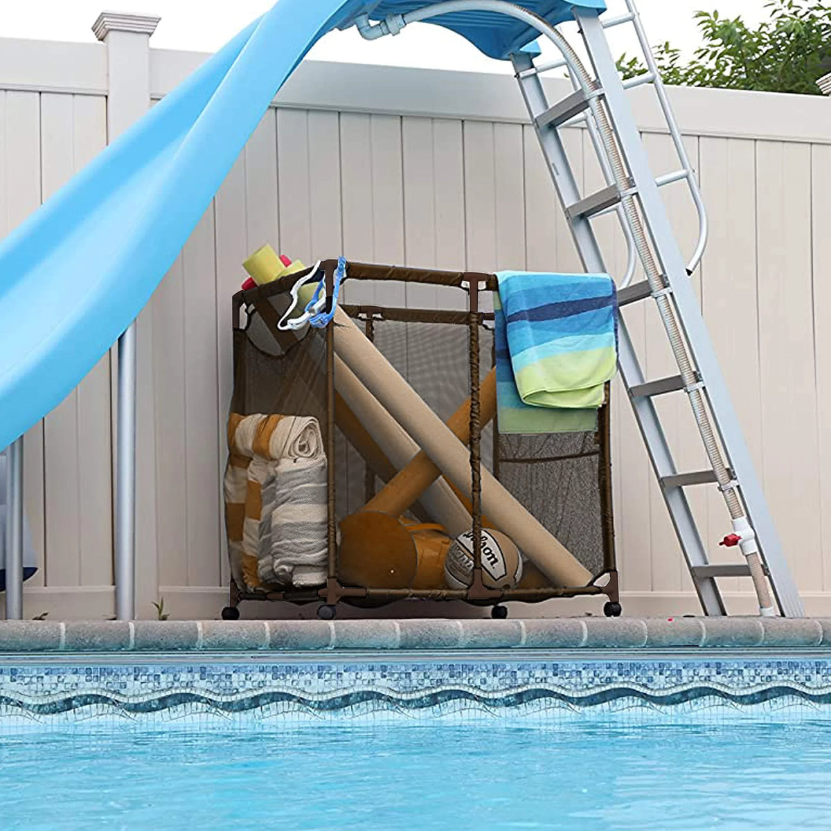 Essentially Yours Pool Floats, Balls, Toys and Equipment Rolling Mesh Organizer Storage Bin, Large, (35" W x 25.4" L x 37.5" H), (Brown), Style 455102