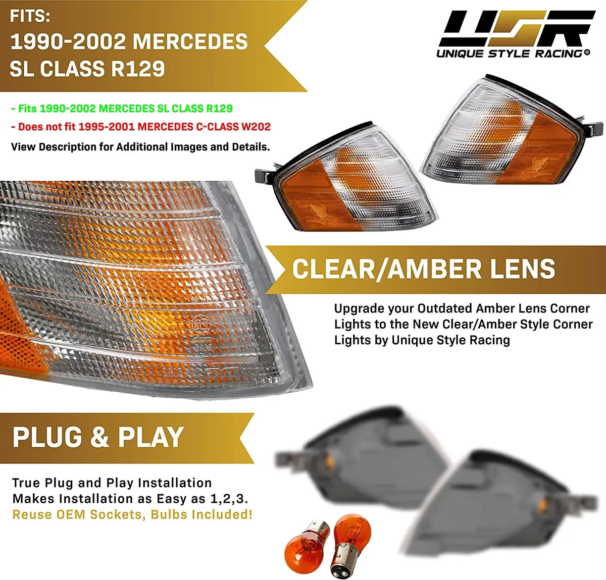 USR MBZ R129 Corner Lights - Replacement Amber / Clear Frost Lens Front Turn Signal Lamps Set (Left + Right) Compatible with 1990-2002 Mercedes Benz R129 Chassis SL Class Roadster
