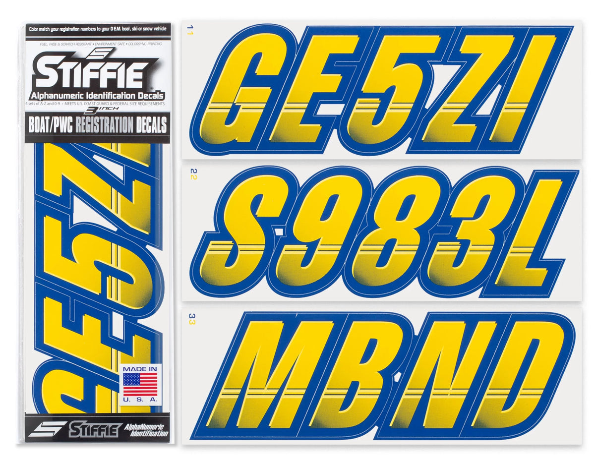 STIFFIE Techtron Yellow/Navy 3" Alpha-Numeric Identification Custom Kit Registration Numbers & Letters Marine Stickers Decals for Boats & Personal Liquid PWC