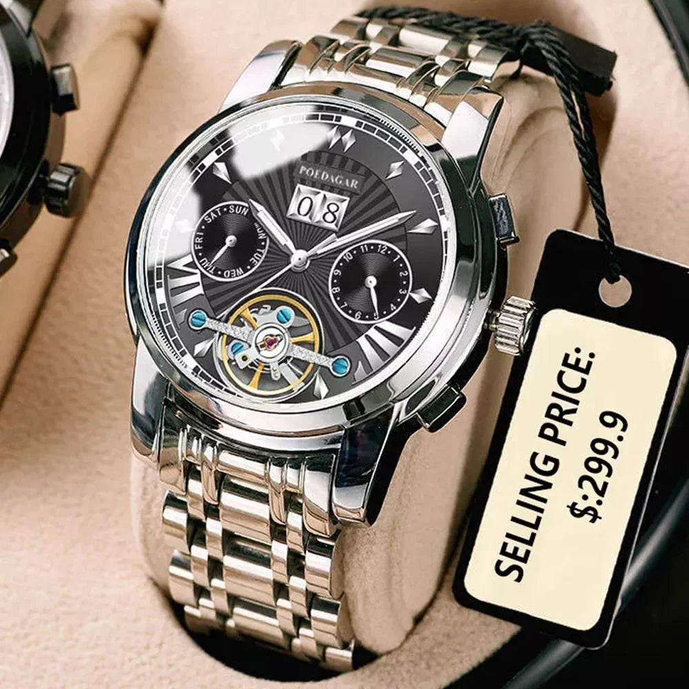 POEDAGAR Men Watch Top Brand Luxury Automatic Mechanical Watches Liquid Luminous Business Stainless Stain Men's Wristwatch