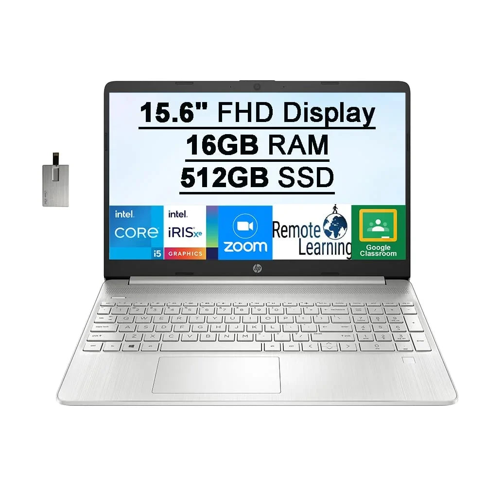 2021 15.6" FHD IPS Notebook Computer, Core i5-1135G7(Beats i7-1065G7), 16GB RAM, 512GB PCIe SSD, Iris Xe Graphics, HD Webcam, HD Audio, Fingerprint, HDMI, Win 10S, Silver, 32GB USB Card