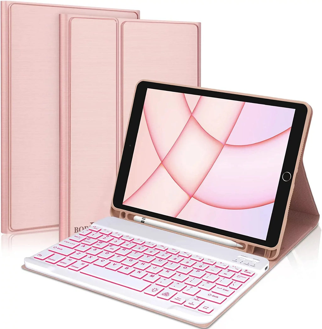 Kvago iPad Keyboard Case for iPad Air 5th Gen 2022 Bluetooth Keyboard Built-in Pencil Holder Pink