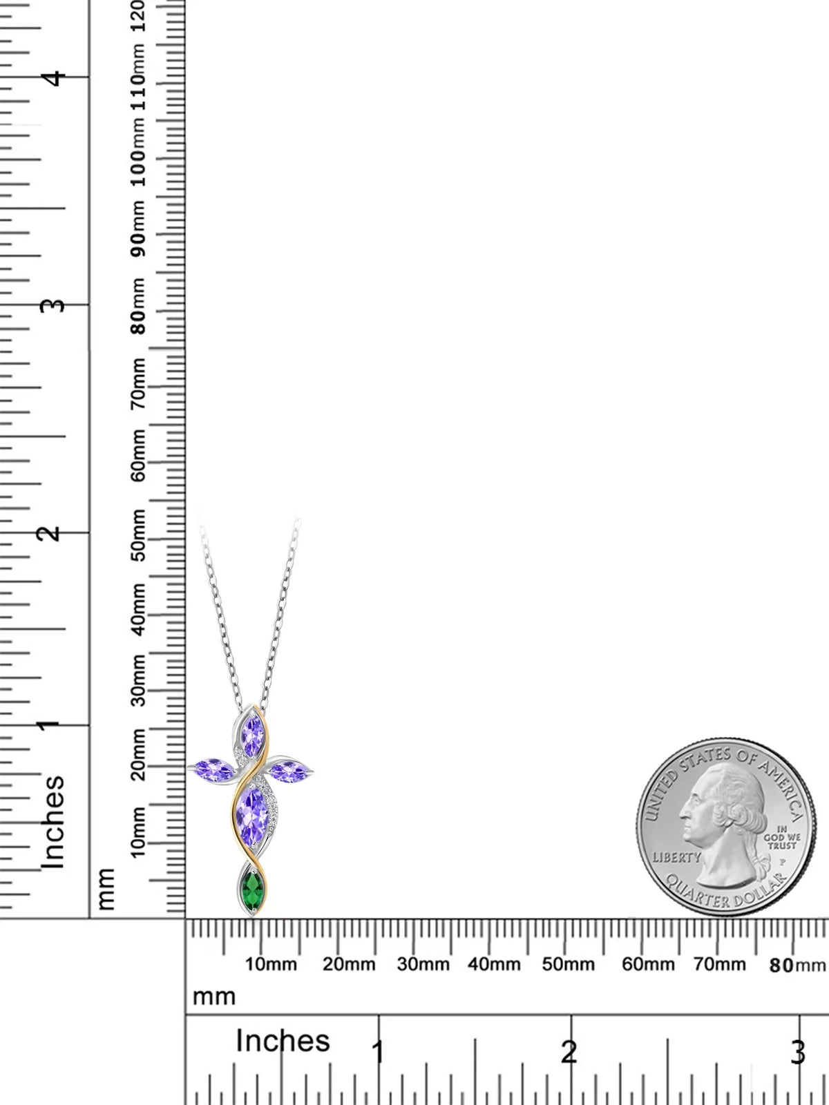 Gem Stone King 925 Silver and 10K Yellow Gold Marquise Blue Tanzanite Green Nano Emerald and Lab Grown Diamond Cross Pendant Necklace For Women (1.48 Cttw, with 18 inch Chain)
