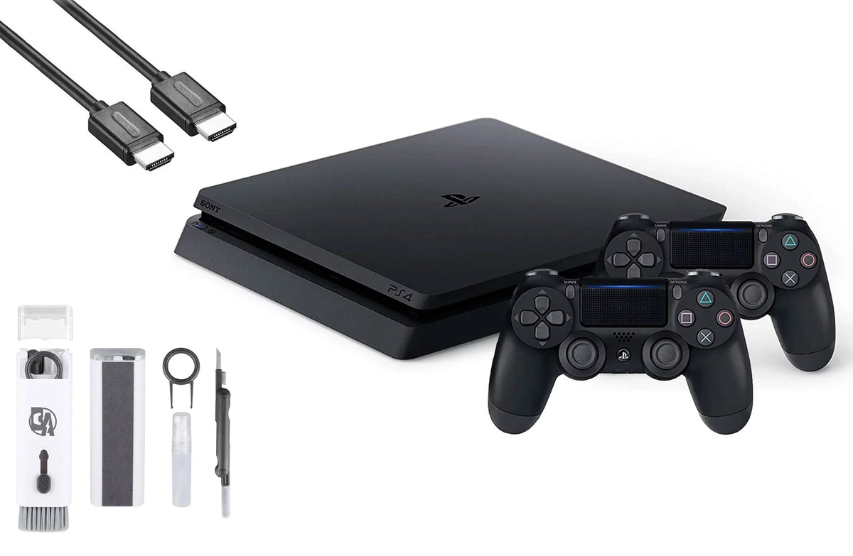 2215B PlayStation 4 Slim 1TB Gaming Console Black, HDMI Cable 2 Controller With BOLT AXTION Cleaning Kit Bundle Like New