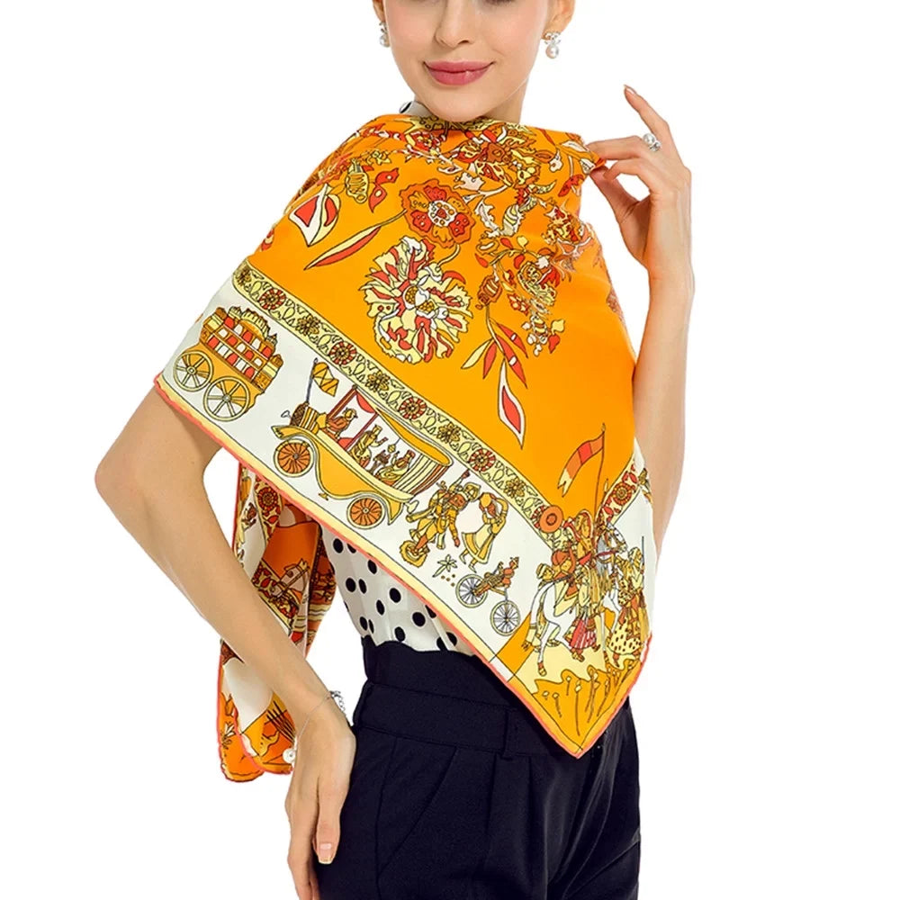 Orange Square Shawl Silk Feeling Polyester Scarfs Cotton For Womens