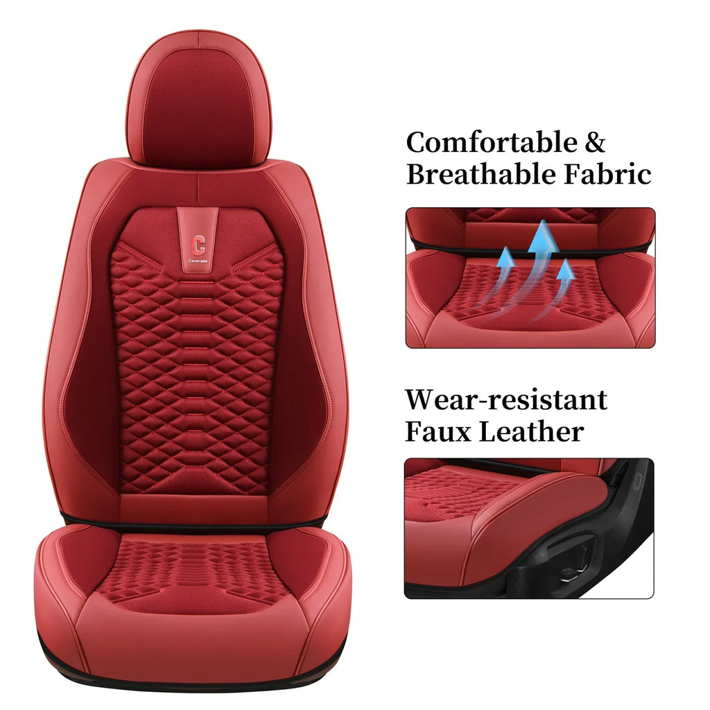 Coverado Red Car Seat Covers for Women, 5 Seats Leather & Fabric Full Set Front Back Auto Seat Protectors, Breathable Car Interior Universal Fit Most Sedans SUV Pickup Trucks