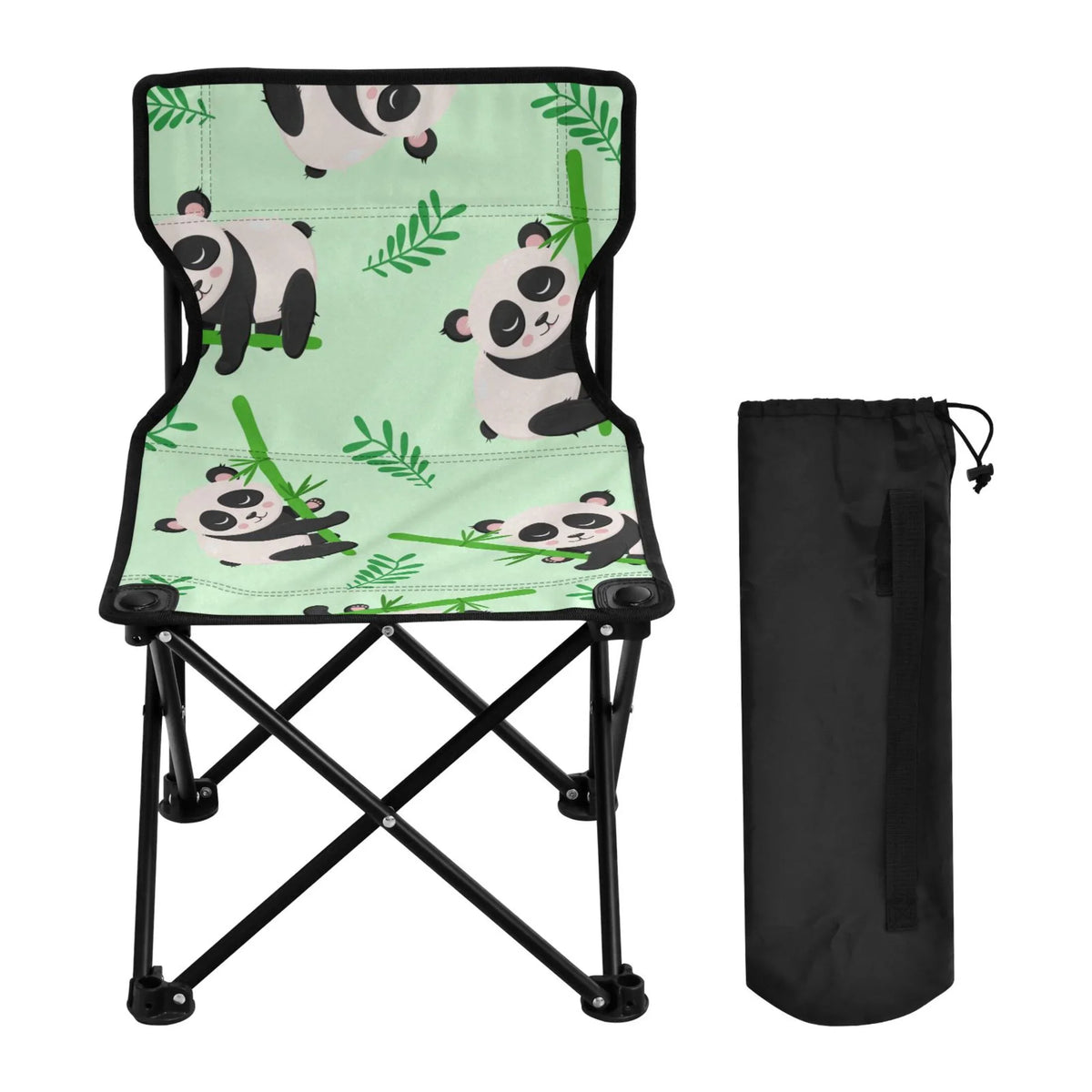 Cartoon Panda and Bamboos Portable Camping Chair Outdoor Folding Beach Chair Fishing Chair Lawn Chair with Carry Bag Support to 220LBS