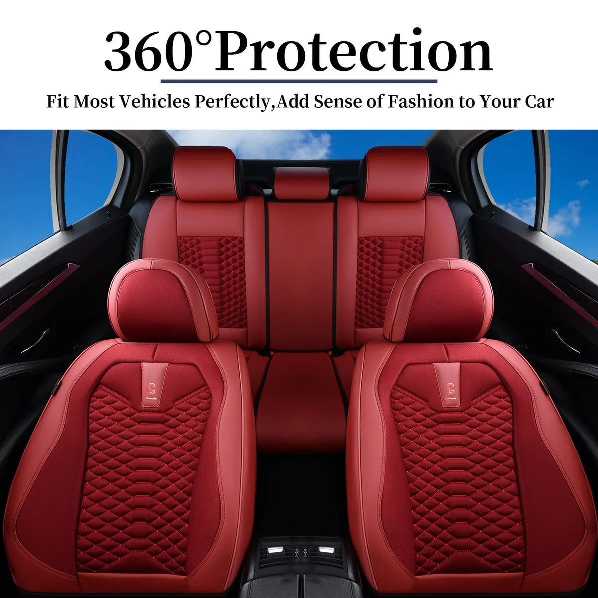 Coverado Red Car Seat Covers for Women, 5 Seats Leather & Fabric Full Set Front Back Auto Seat Protectors, Breathable Car Interior Universal Fit Most Sedans SUV Pickup Trucks