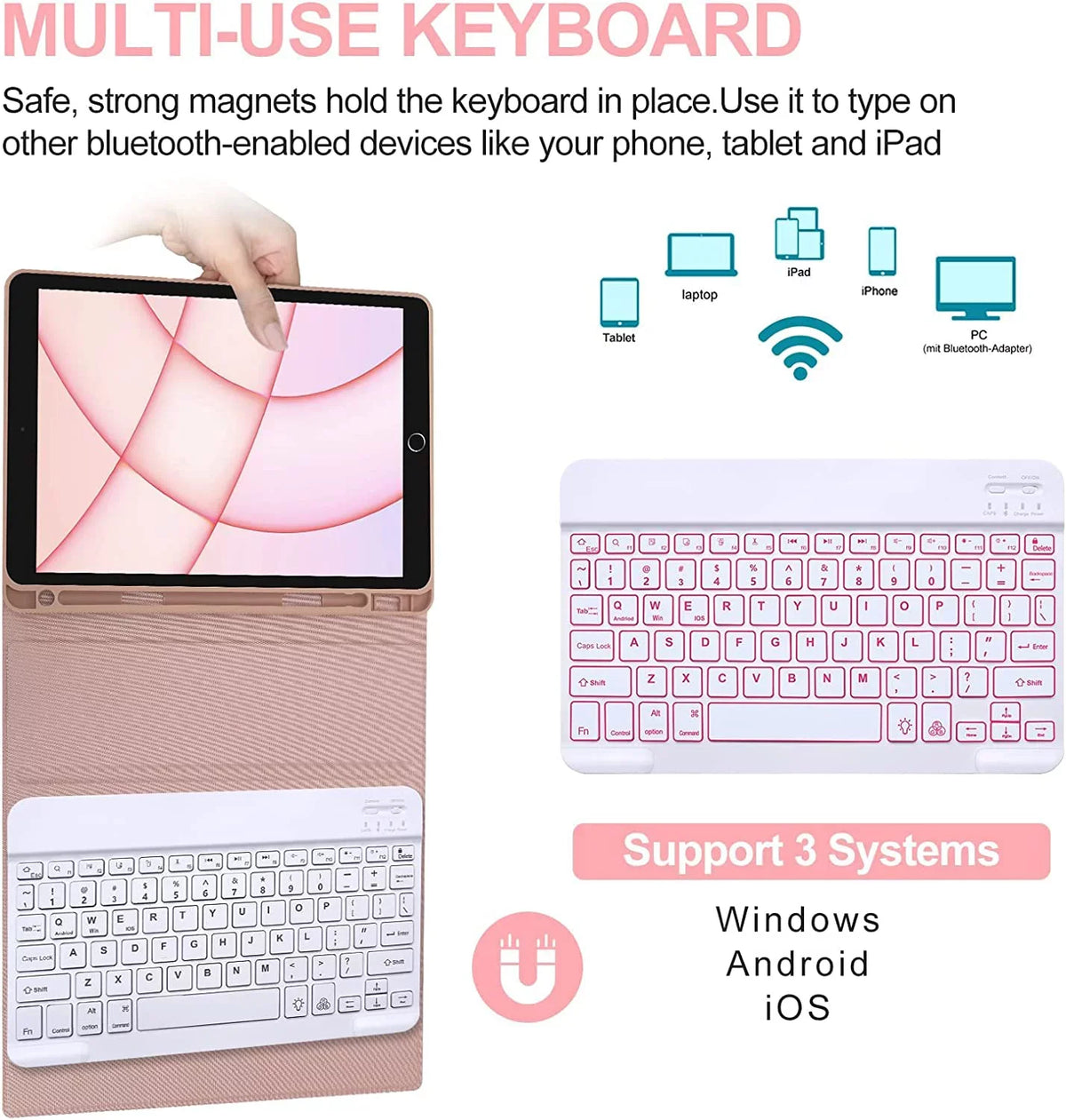 Kvago iPad Keyboard Case for iPad Air 5th Gen 2022 Bluetooth Keyboard Built-in Pencil Holder Pink