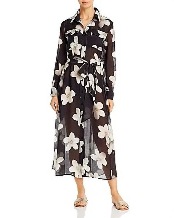 Ralph Lauren BLACK/WHITE Villa Floral Maxi Shirtdress Cover-up, US X-Large