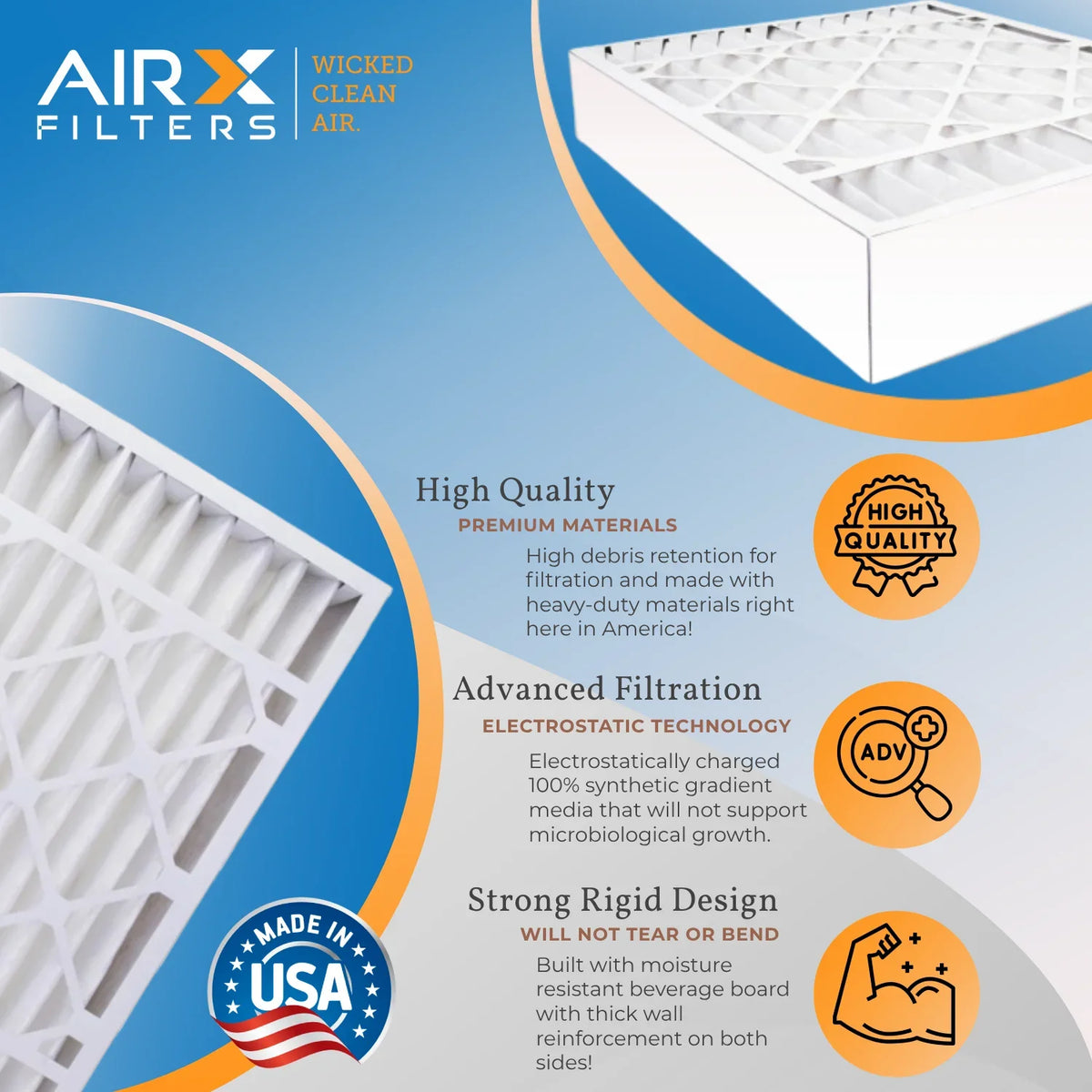 16x25x5 Air Filter MERV 8 Comparable to MPR 700 & FPR 5 Compatible with ReservePro 4511 Premium USA Made 16x25x5 Furnace Filter 2 Pack by AIRX FILTERS WICKED CLEAN AIR.