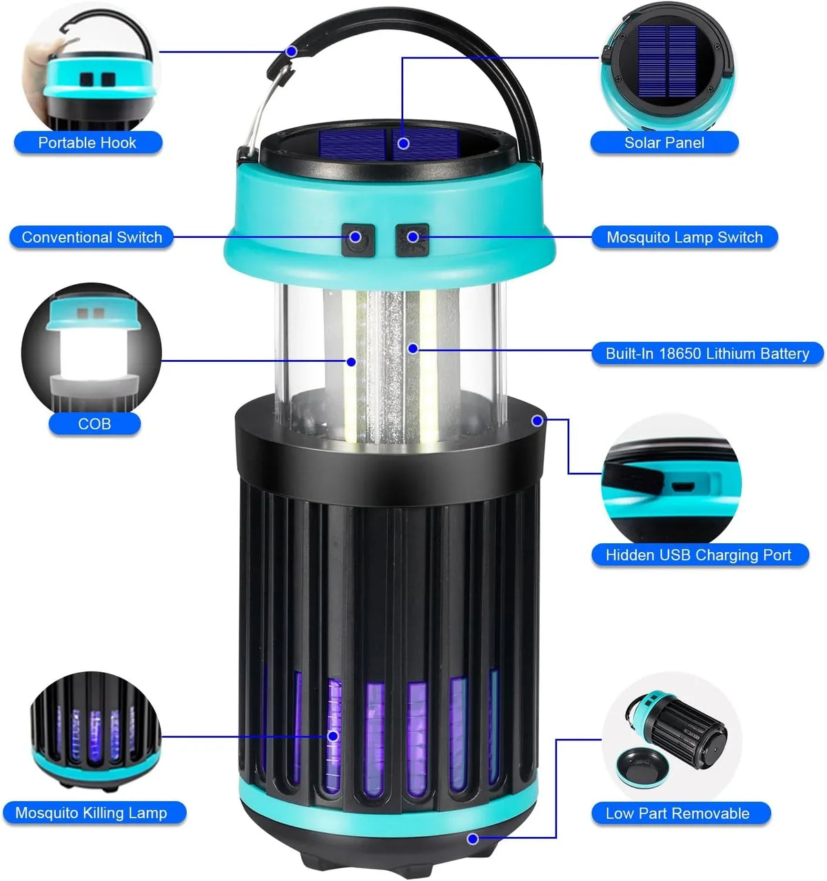 G·PEH 3 in 1 Bug Zapper, Rechargeable Bug Zapper Outdoor Indoor Fly Trap Fluid Mosquito Zapper with Emergency Light for Home, Solar Bug Zapper Outdoor for Home, Backyard, Camping