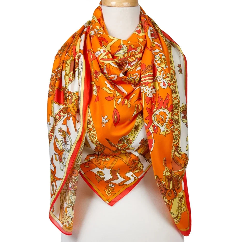 Orange Square Shawl Silk Feeling Polyester Scarfs Cotton For Womens