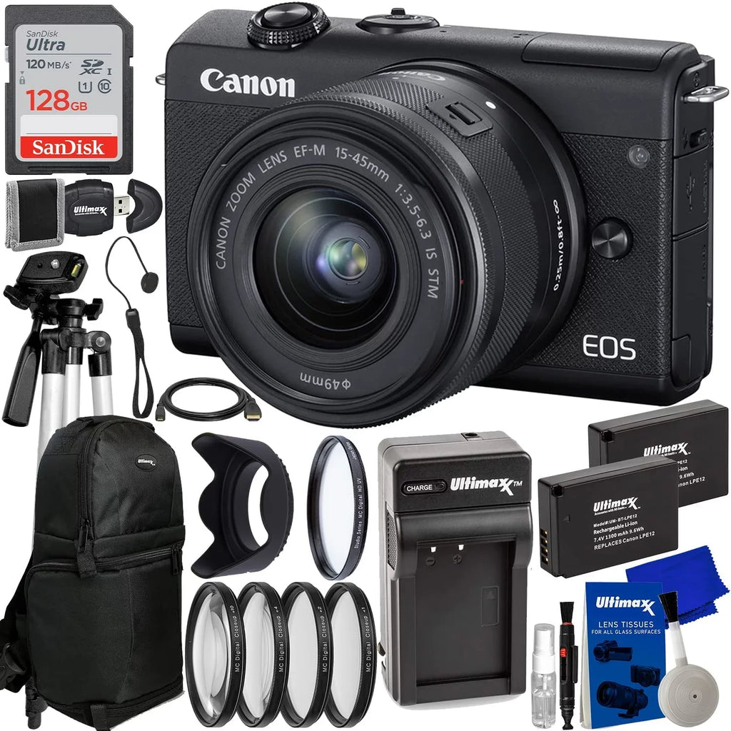 EOS M200 Mirrorless Digital Camera with 15-45mm Lens (Black) + 128GB Kit