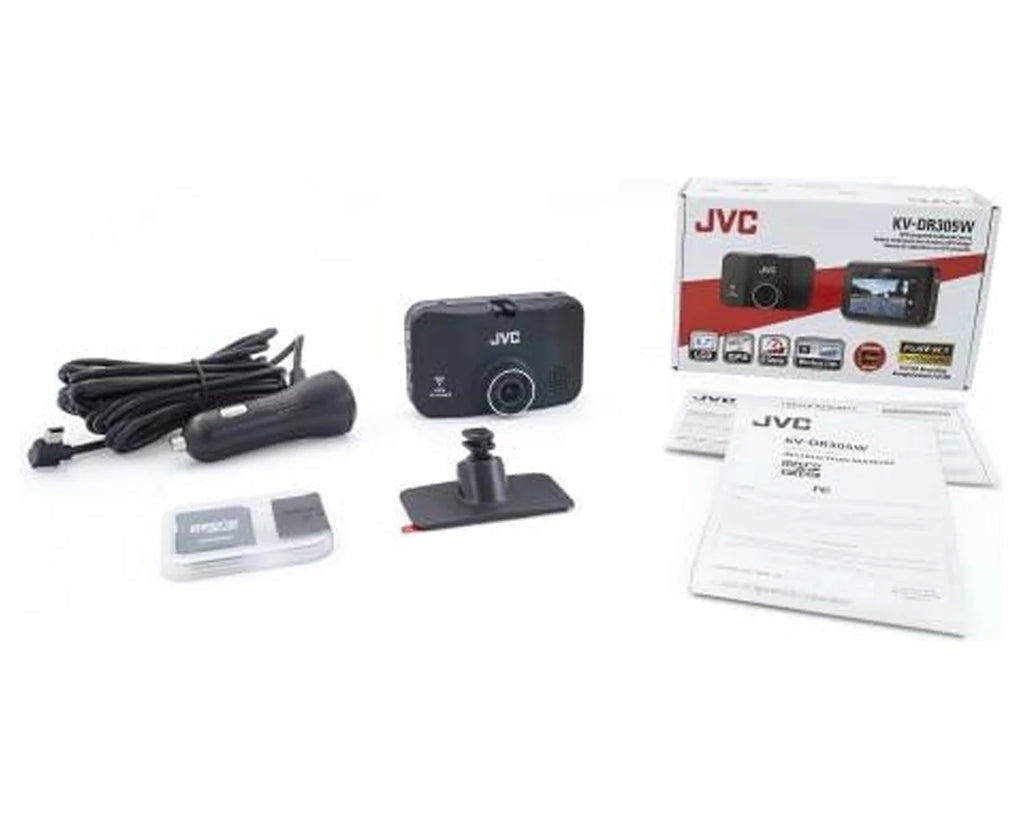 Jvc KV-DR305W 1920x1080p Full HD Recorder GPS Dash Cam for Car, 2.7" LCD Monitor Dashboard Camera, Built-in Wi-Fi, 3-Axis G-Force Sensor, Night Enhancement WDR, Includes 16GB Class 10 microSD Card