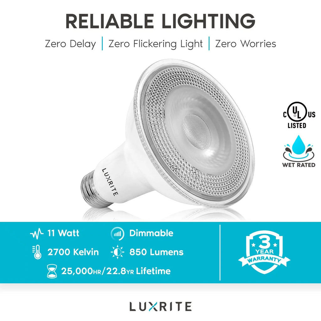 Luxrite 12-Pack LED PAR30 Flood Light Bulb 2700K Warm White 850 Lumens 11W Dimmable Wet Rated E26 Base UL Listed