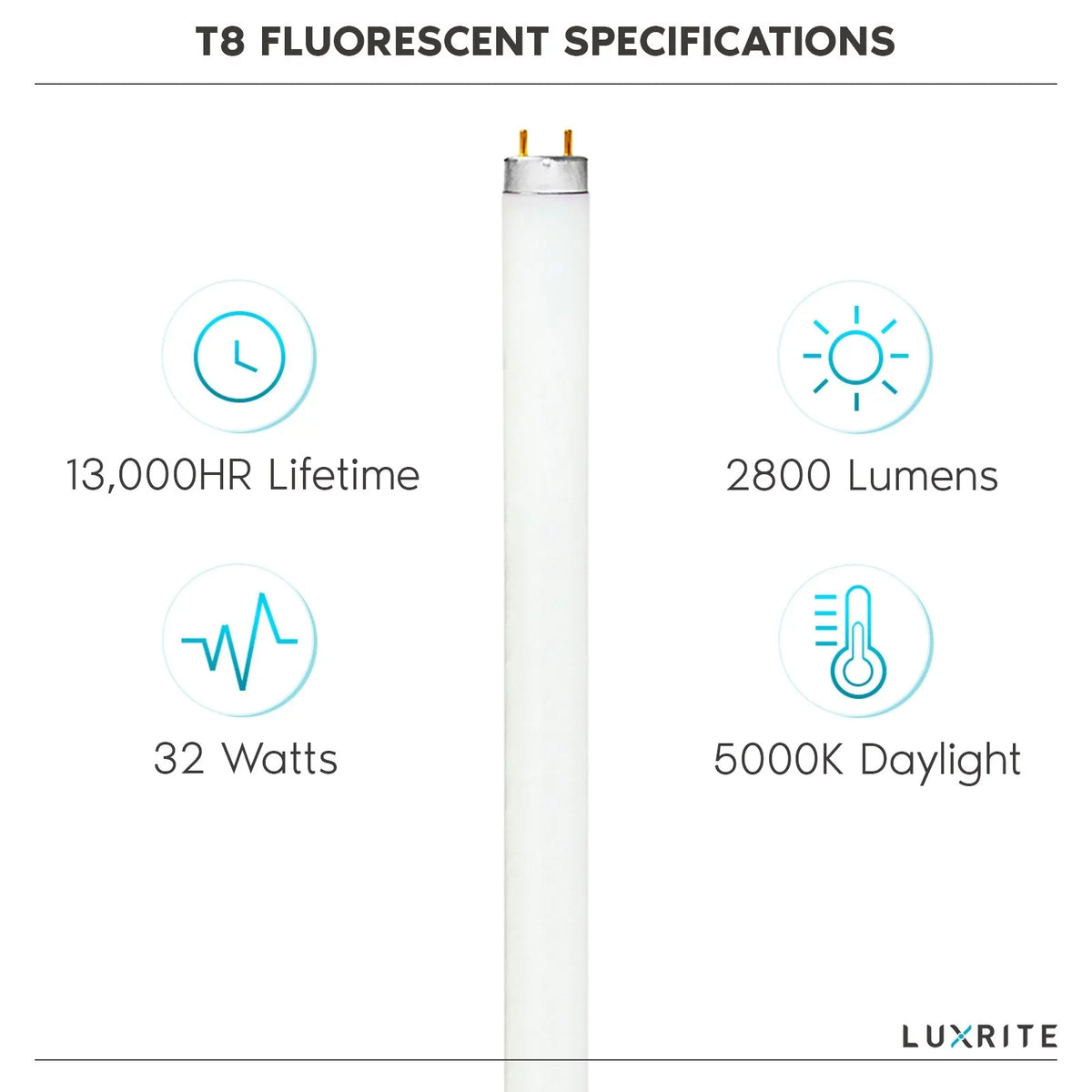 Luxrite F32T8/850 32W 48 Inch T8 Fluorescent Tube Light Bulb, 5000K Bright White, 2800 Lumens, G13 Medium Bi-Pin Base, LR20734, 12-Pack