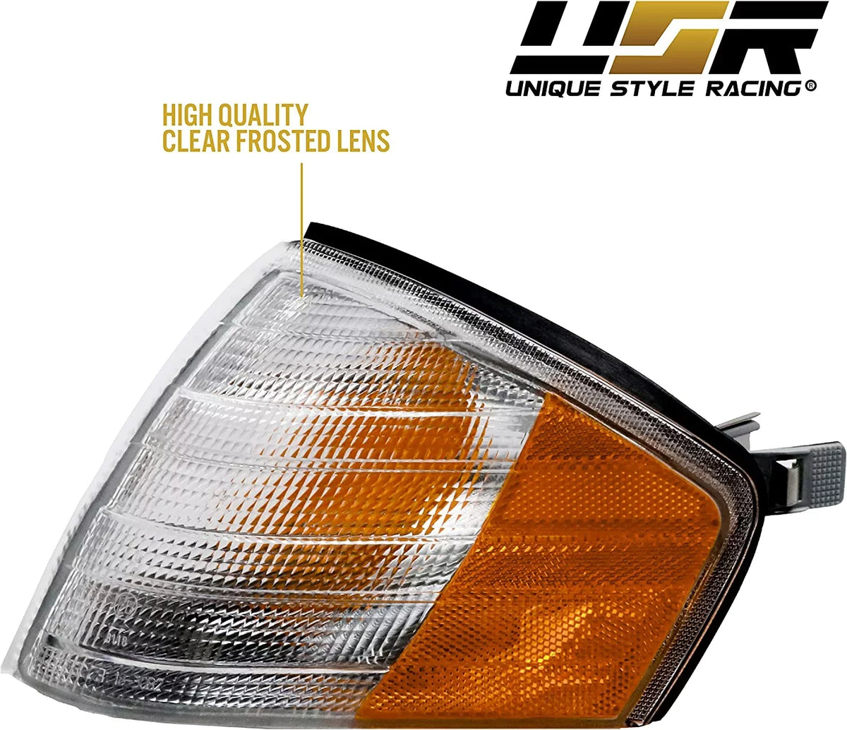 USR MBZ R129 Corner Lights - Replacement Amber / Clear Frost Lens Front Turn Signal Lamps Set (Left + Right) Compatible with 1990-2002 Mercedes Benz R129 Chassis SL Class Roadster