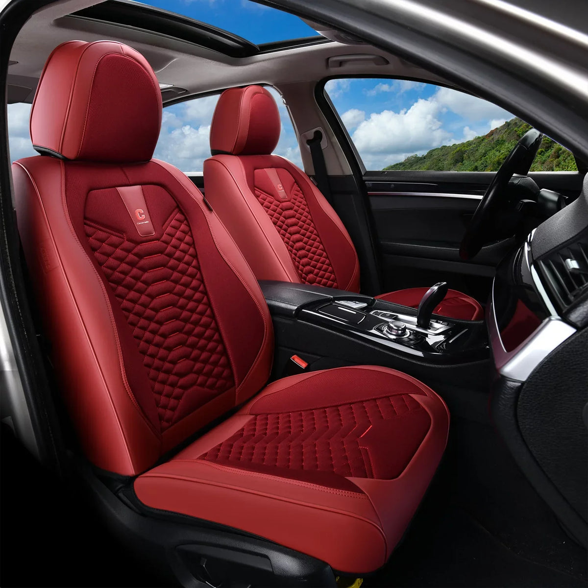 Coverado Red Car Seat Covers for Women, 5 Seats Leather & Fabric Full Set Front Back Auto Seat Protectors, Breathable Car Interior Universal Fit Most Sedans SUV Pickup Trucks