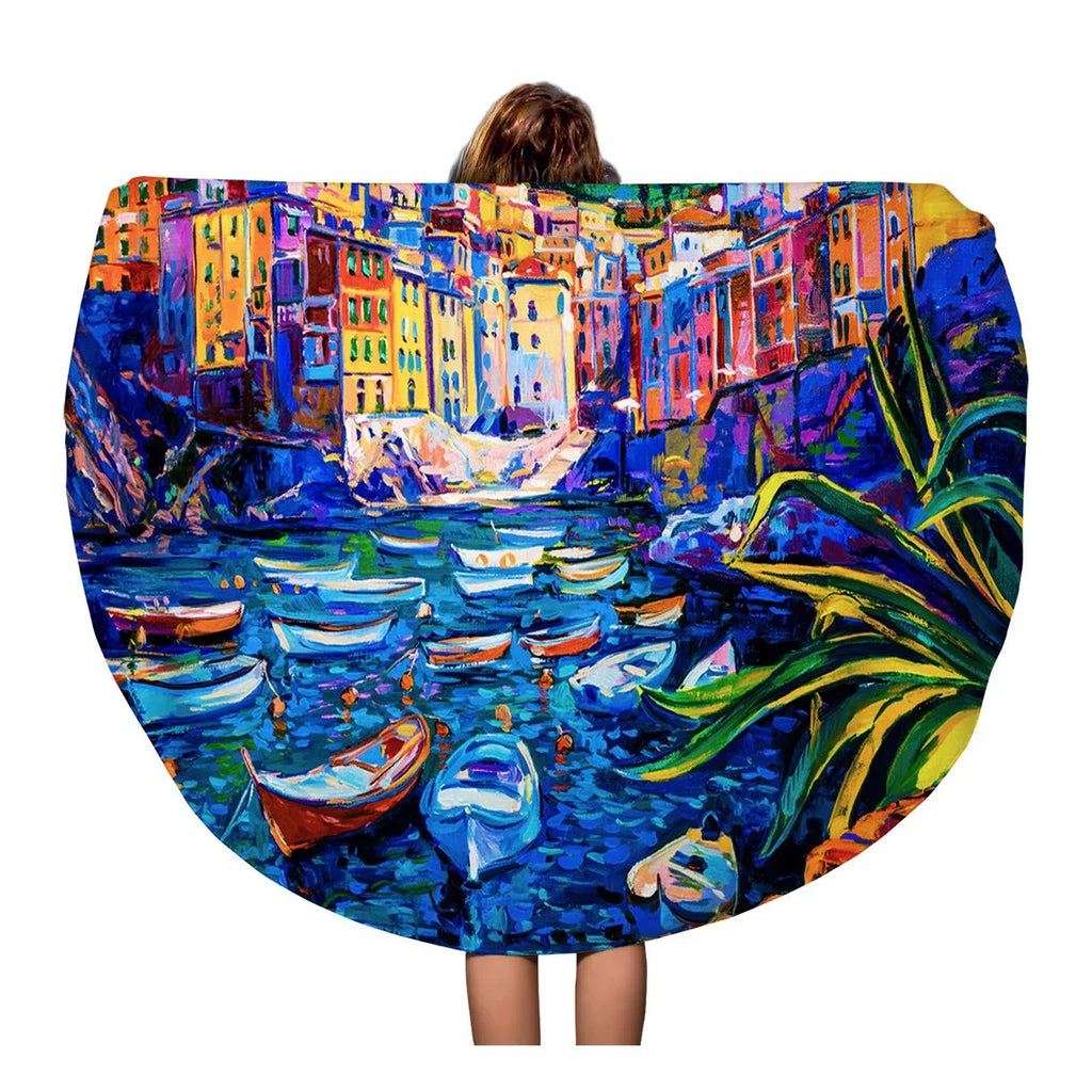 SIDONKU 60 inch Round Beach Towel Blanket Original Oil Painting on Canvas Boats and Old Town Travel Circle Circular Towels Mat Tapestry Beach Throw