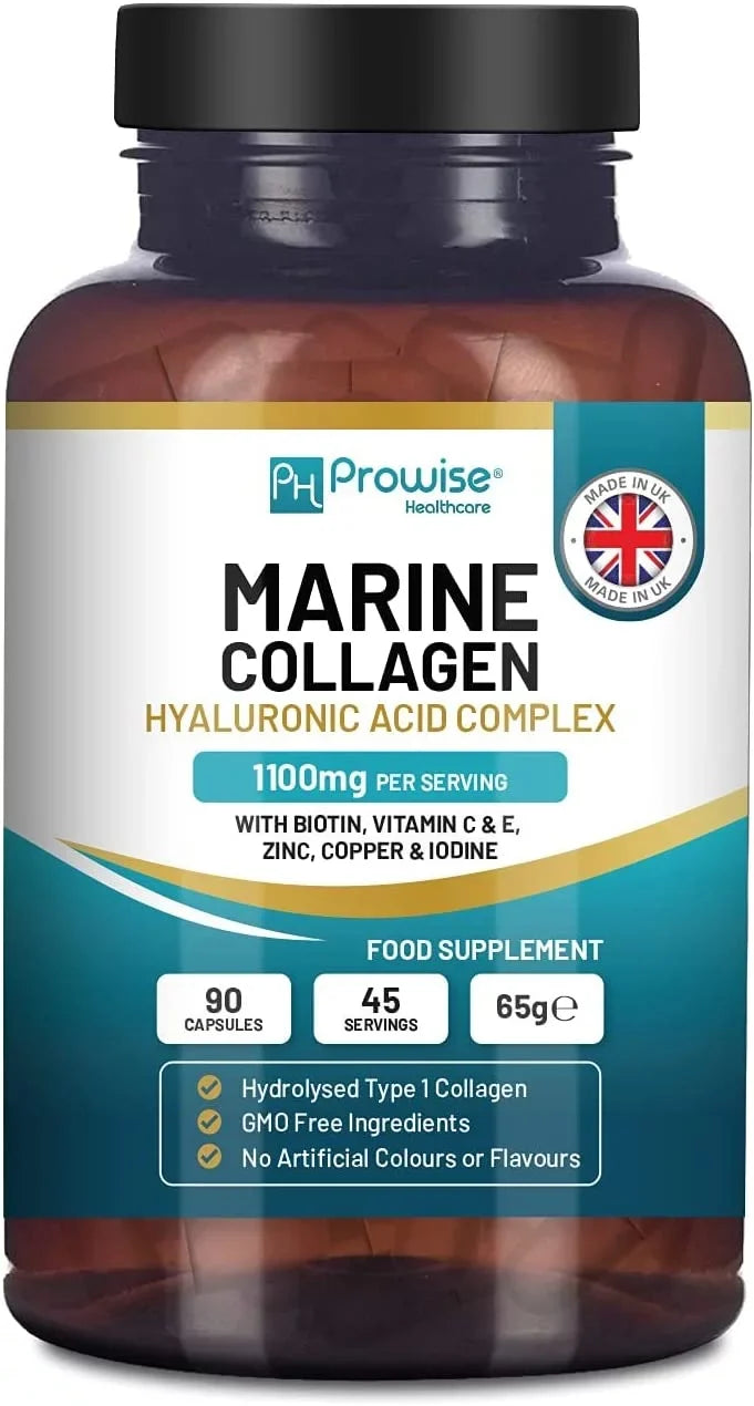 Marine Collagen with Hyaluronic Acid 1100mg - 90 Capsules Boosted with Hyaluronic Acid, Vitamins C, E, B2, Biotin, Metal Zinc and Iodine | for Women and Men | Made in The UK by Prowise Healthcare