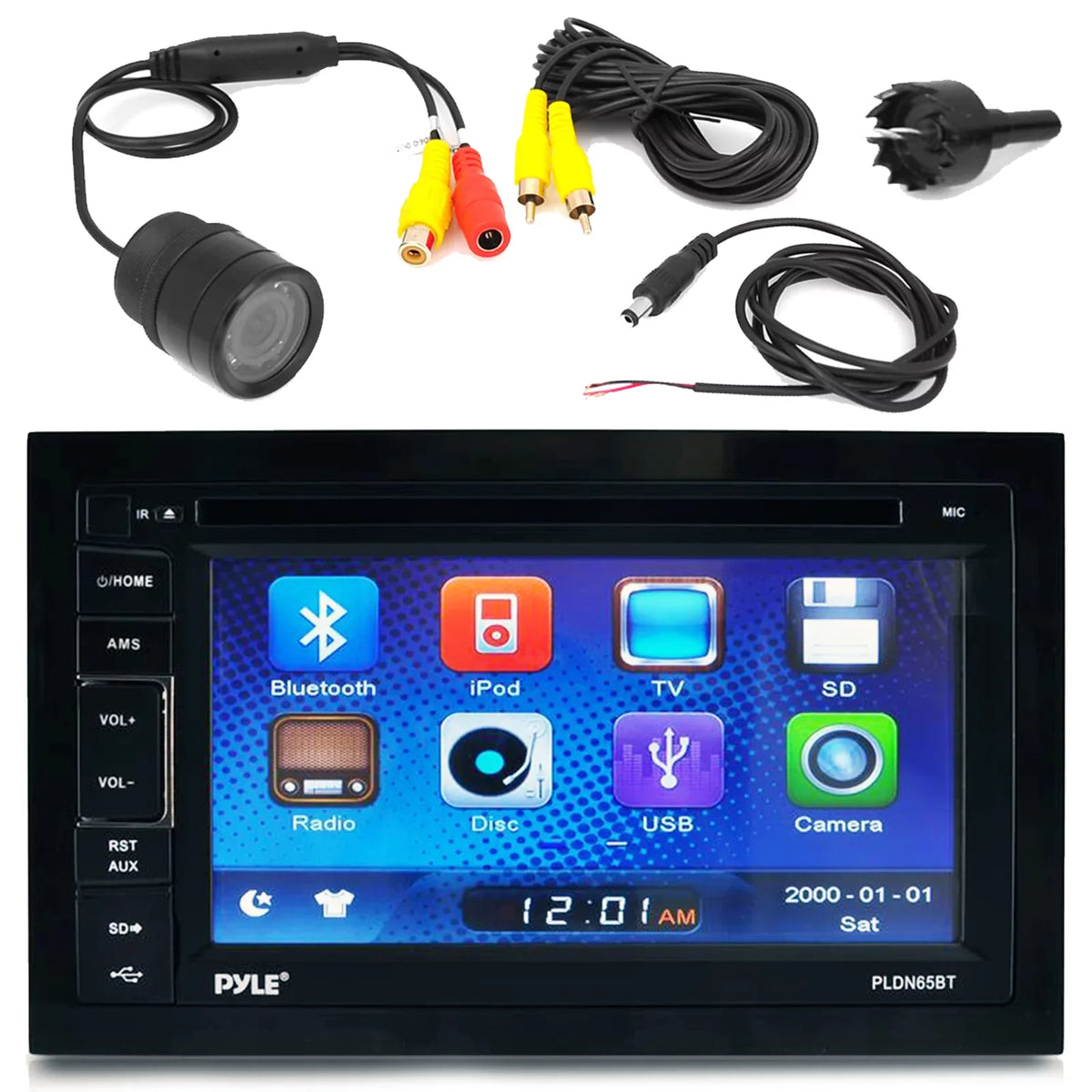 Pyle PLDN63BT 6.5" Touch Display Display Car CD DVD USB Bluetooth Stereo Receiver Bundle Combo With PLCM22IR Flush Mount Rear View Colored Backup Parking Camera
