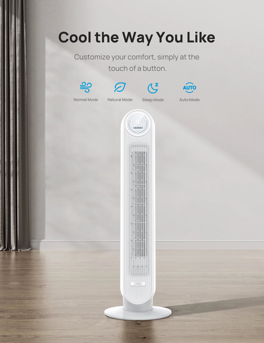 Dreo Tower Fan, Quiet Smart WiFi Fan with Remote, 90° Oscillating, Voice Control, 4 Modes, 4 Speeds, 8H Timer，white