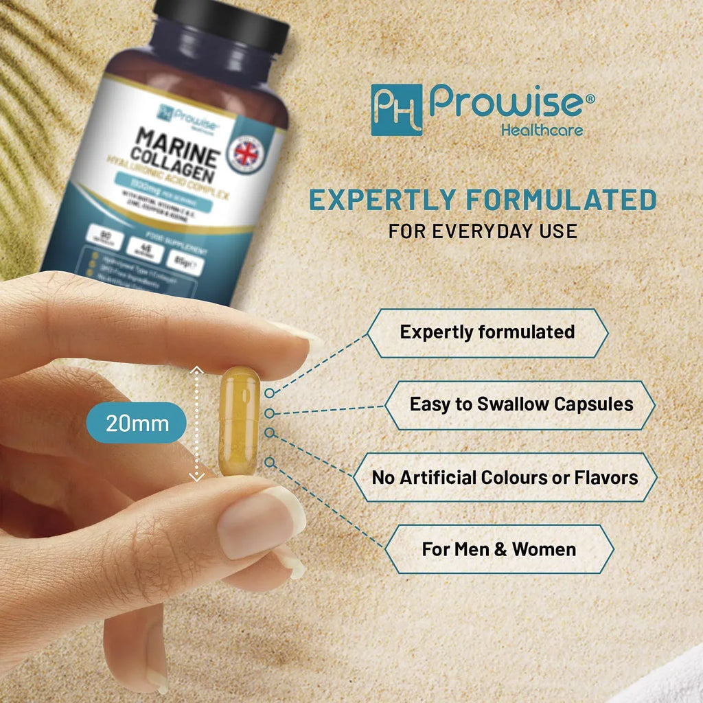 Marine Collagen with Hyaluronic Acid 1100mg - 90 Capsules Boosted with Hyaluronic Acid, Vitamins C, E, B2, Biotin, Metal Zinc and Iodine | for Women and Men | Made in The UK by Prowise Healthcare