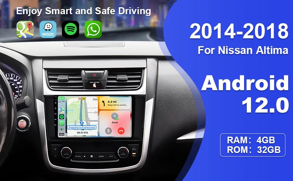 9 inches Android 12 Double Din Car Stereo for Nissan Altima 2014-2018 IPS Display Monitor Car Radio with Carplay & Android Auto Support Backup Camera GPS FM Navi BT 8 core(4+32G)