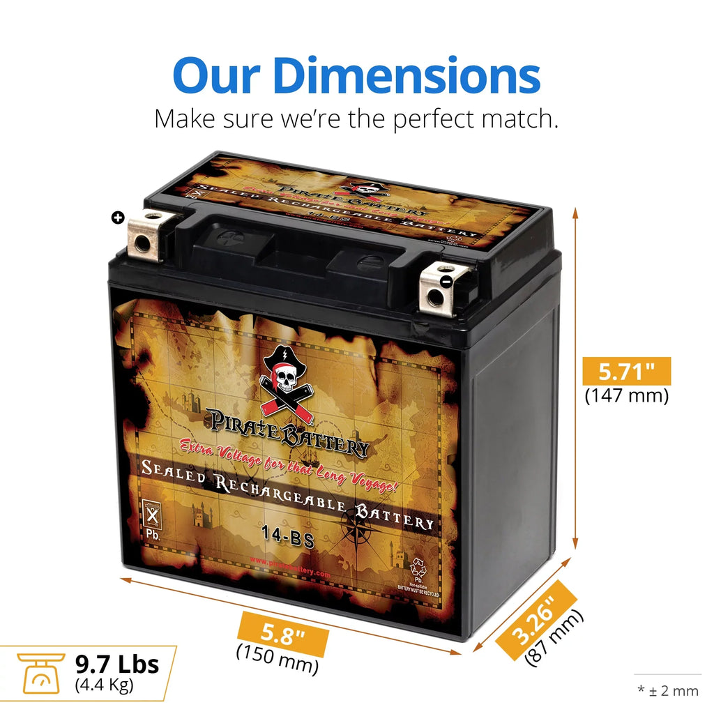 Pirate Battery YTX14-BS (14-BS 12 Volt,12 Ah, 200 CCA) Motorcycle Battery for Honda 1100cc Vt1100c, C3, T Shadow (spirit, Aero, A. C. E. Tourer) 2007