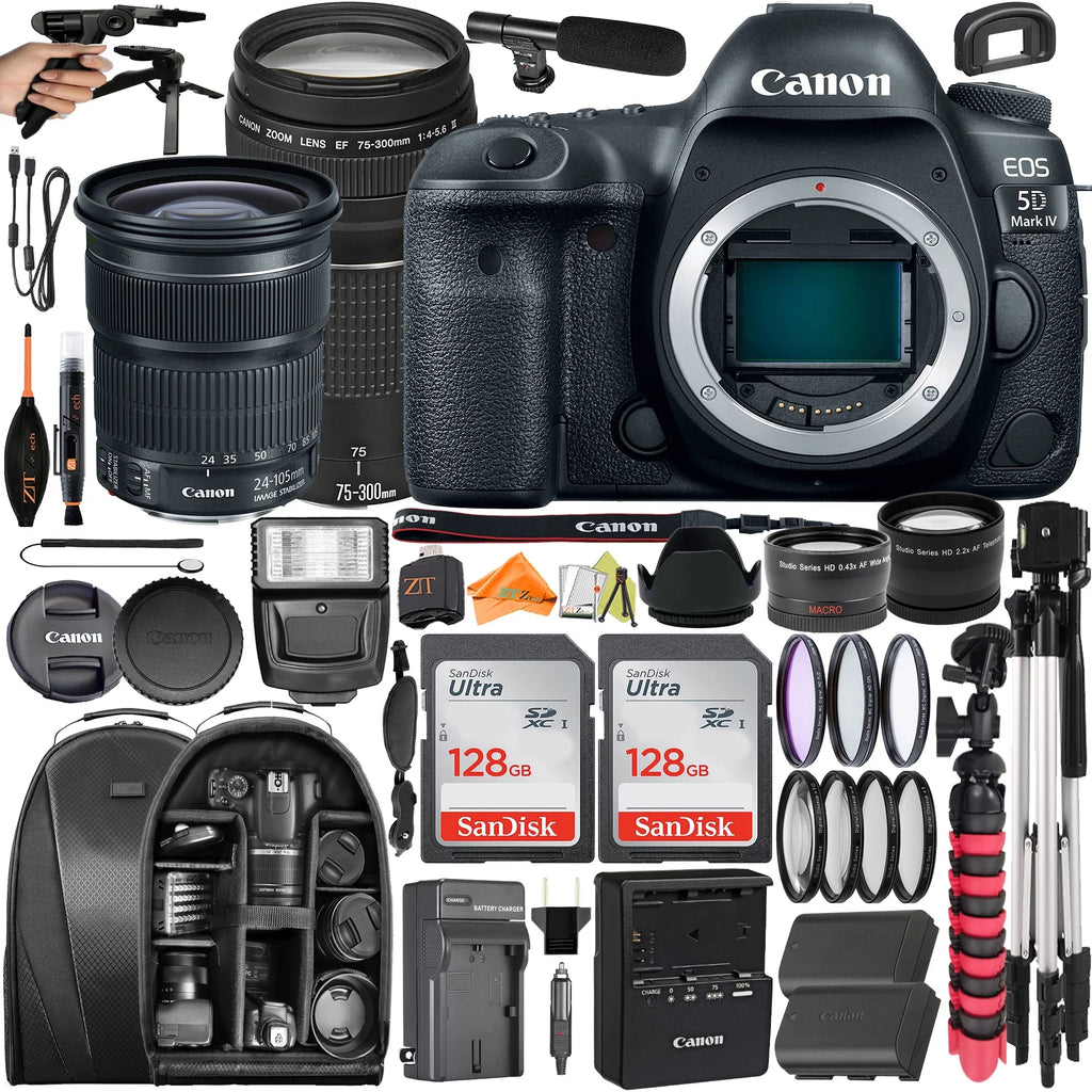 EOS 5D Mark IV DSLR Camera with 24-105mm + 75-300mm Lens + 2 Pack SanDisk 128GB + Backpack + ZeeTech Accessory Bundle