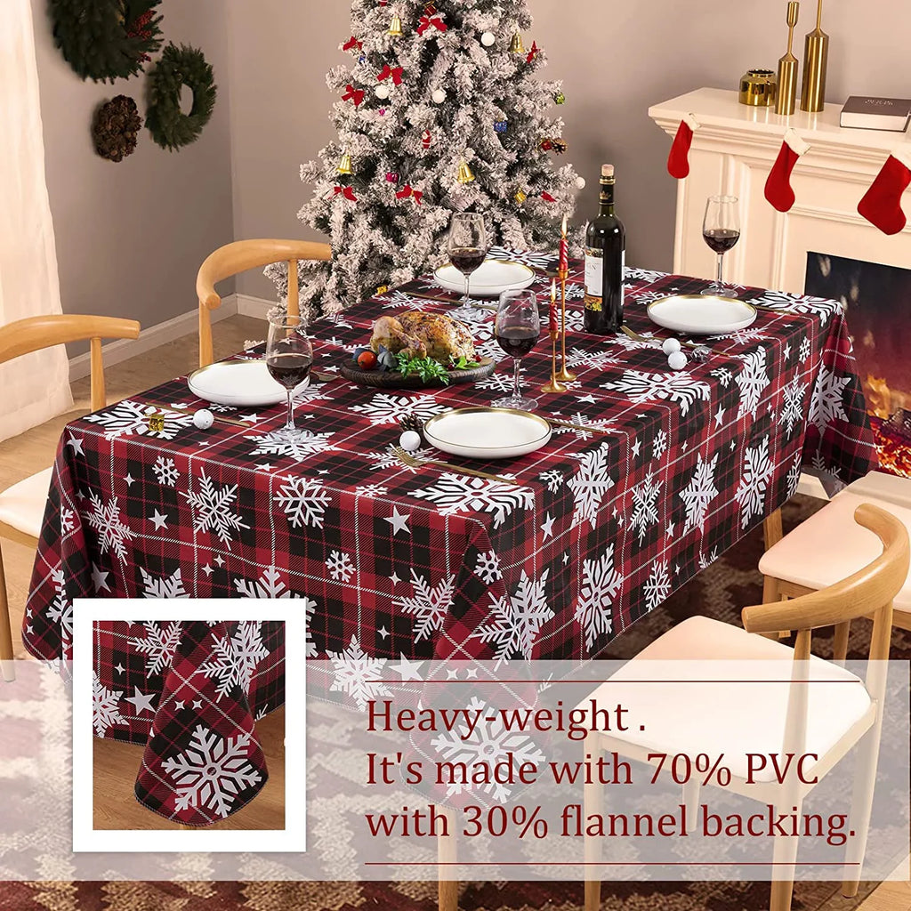 UMINEUX Christmas Tablecloth with Flannel Backing, Liquid Wipeable Vinyl Rectangle Table Cover for Xmas Parties/Wedding/Holiday/Decoration Use - Heavy Duty Table Cover(60x102 Inch, Snowflake)