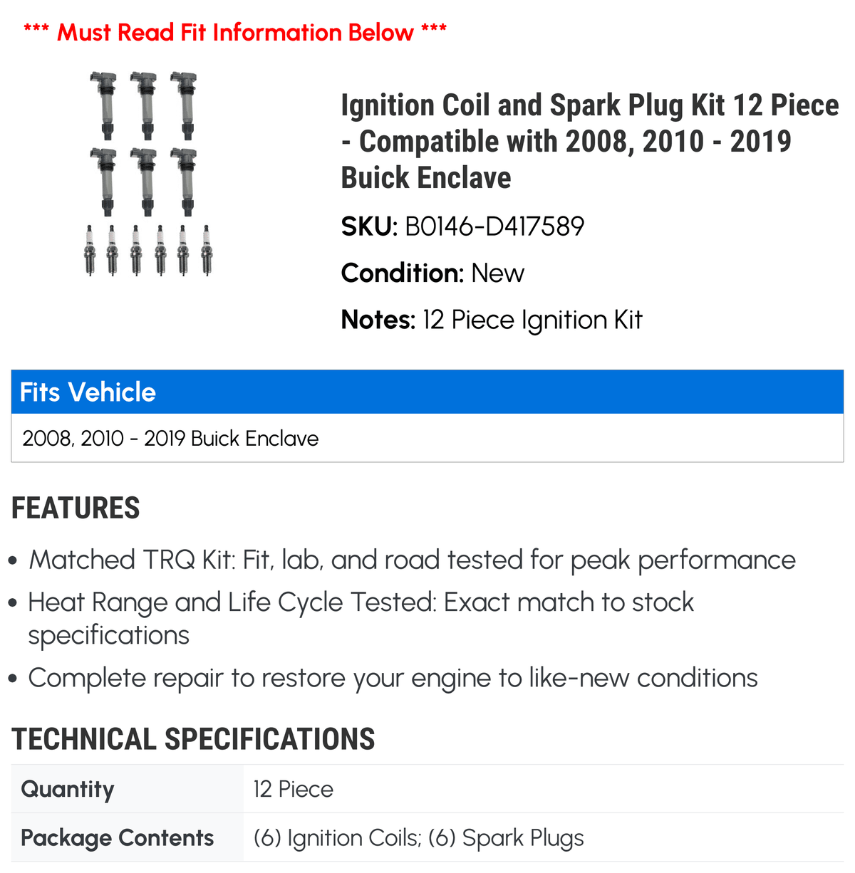 Ignition Coil and Spark Plug Kit 12 Piece - Compatible with 2008, 2010 - 2019 Buick Enclave 2011 2012 2013 2014 2015 2016 2017 2018