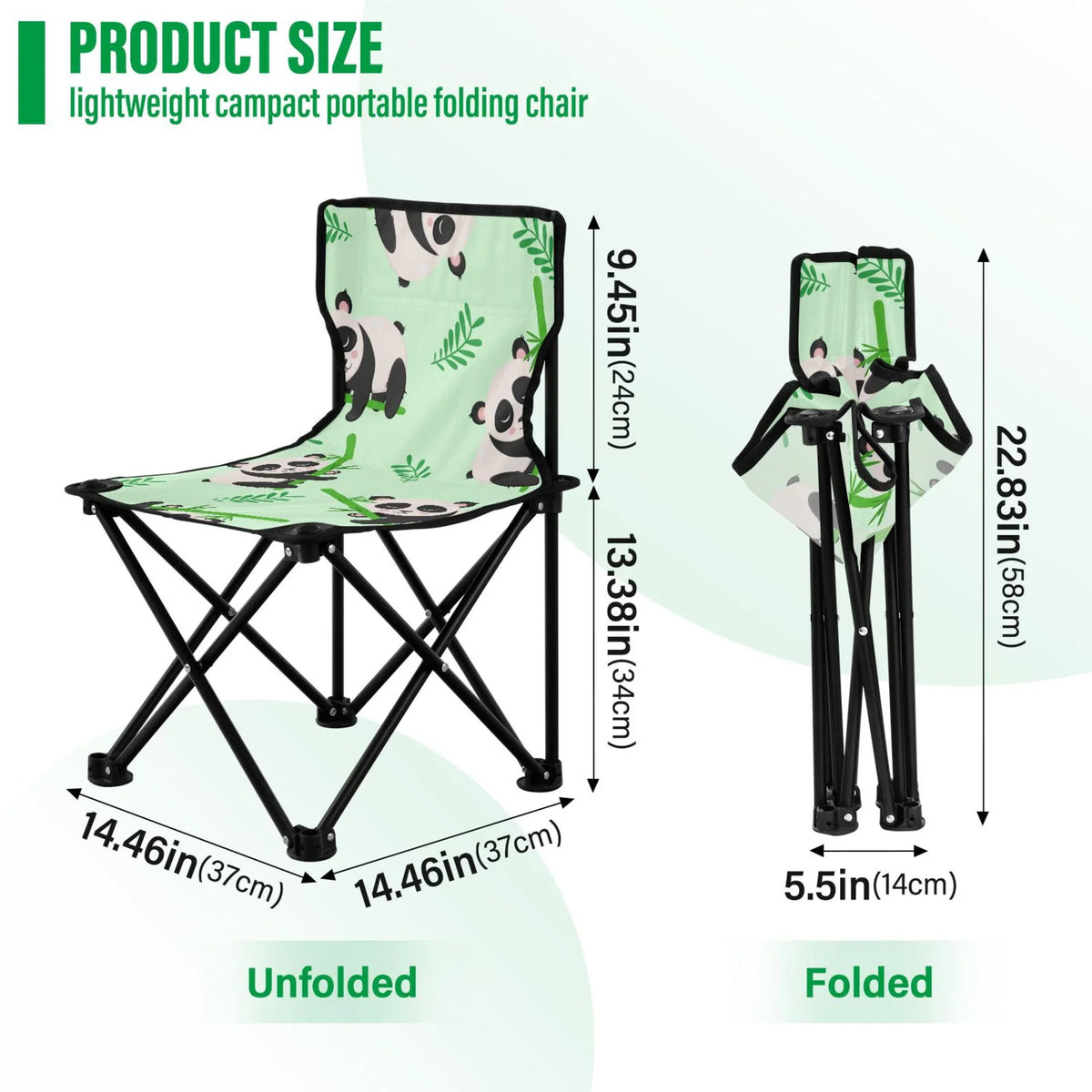 Cartoon Panda and Bamboos Portable Camping Chair Outdoor Folding Beach Chair Fishing Chair Lawn Chair with Carry Bag Support to 220LBS