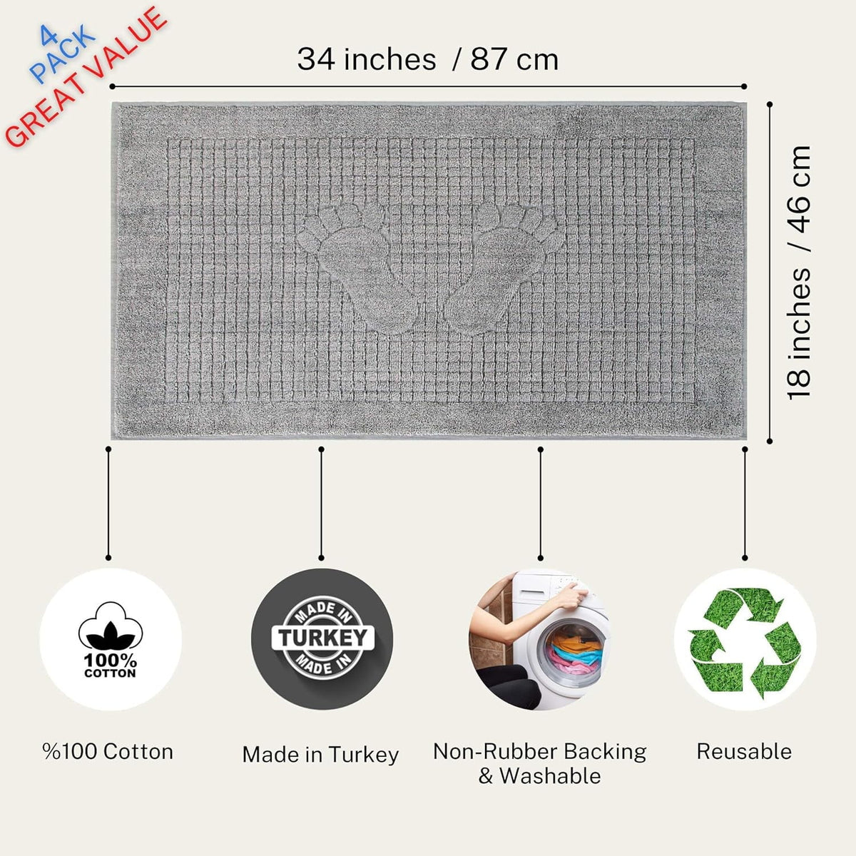 4 Pack Cotton Bath Mat Set For Bathroom Floor Towel - Turkish Bath Mat Set Of 4-100% Cotton Reversible Washable Absorbent Feet Towel 18 X 34 Inches Grey