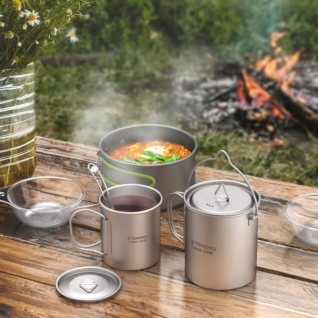 TOMSHOO cup kit,With Lid 450ml Liquid Cup 3 Pieces Set 750ml Pot Lid Collapsible Handle Cup With Handle Spork Pot With Handle Open Fire Adben Lid Coffee Cup Set Ium 750ml