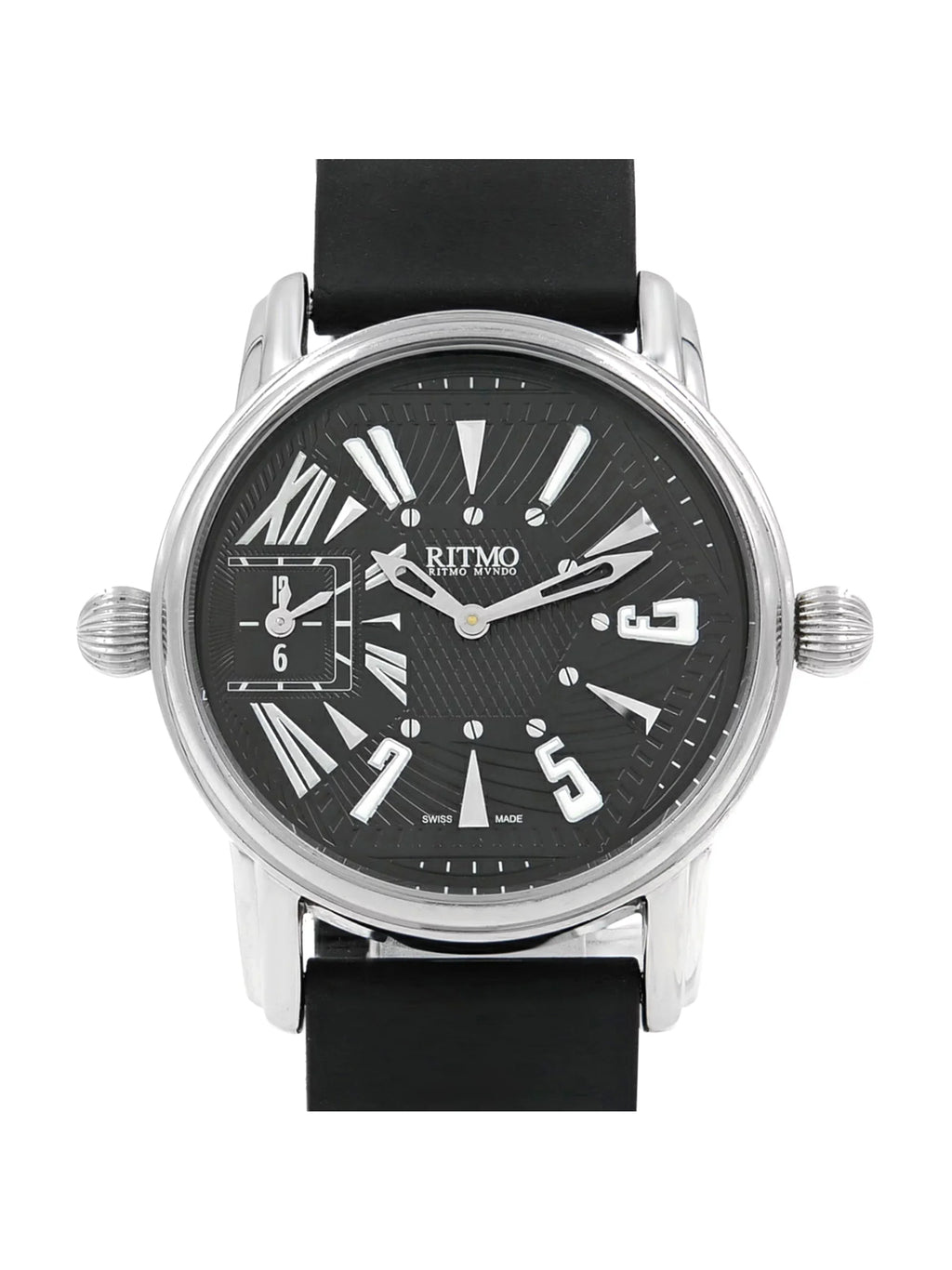 Pre-Owned Ritmo Mundo Black Forum Divina Dual Time Steel Rubber Swiss Quartz Watch 121 (Good)