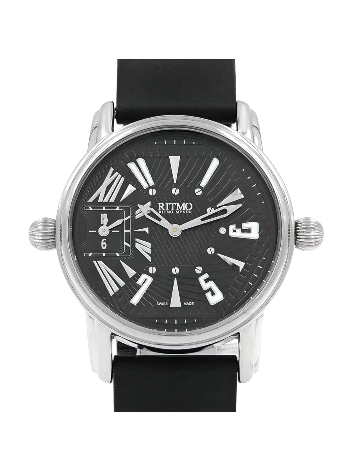 Pre-Owned Ritmo Mundo Black Forum Divina Dual Time Steel Rubber Swiss Quartz Watch 121 (Good)