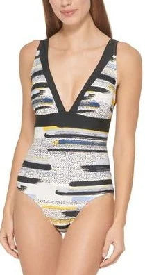 DKNY HALOGEN MULTI Printed Deep-V One-Piece Swimsuit, US 8
